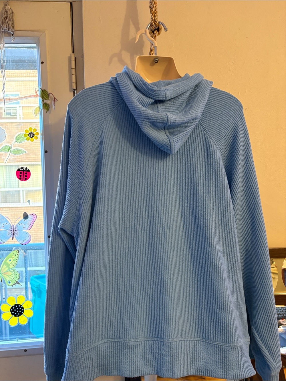 Light Blue Ribbed Zip-Up Hoodie with Drawstring Hood - Picture 2 of 7